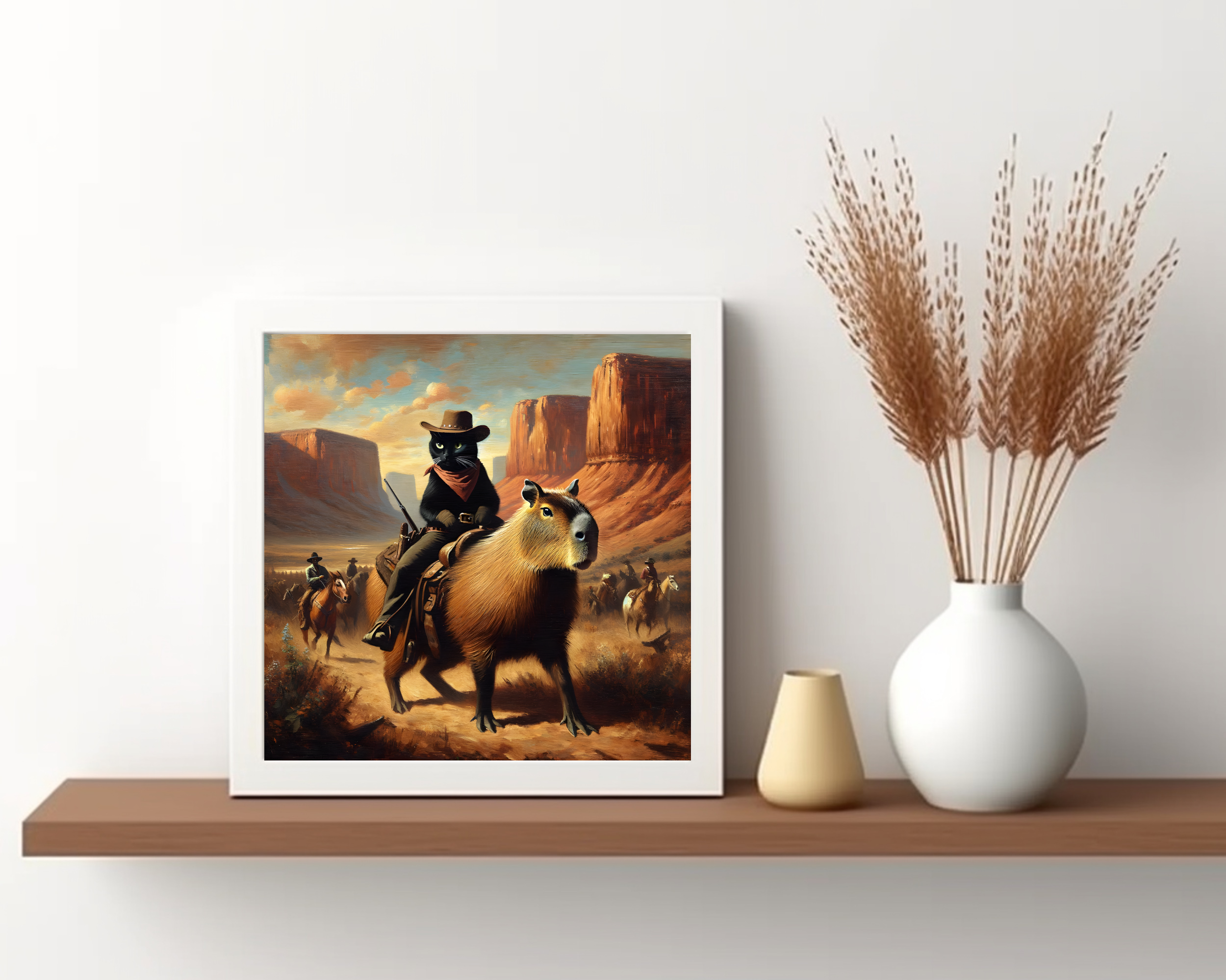Black Cat Cowboy Riding a Capybara Wild West Wall Art