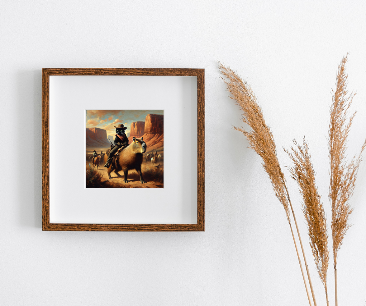 Black Cat Cowboy Riding a Capybara Wild West Wall Art